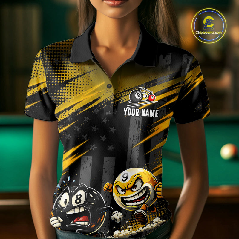 Female model wearing Yellow Neon billiard polo, bright cue sports apparel, personalized league fashion