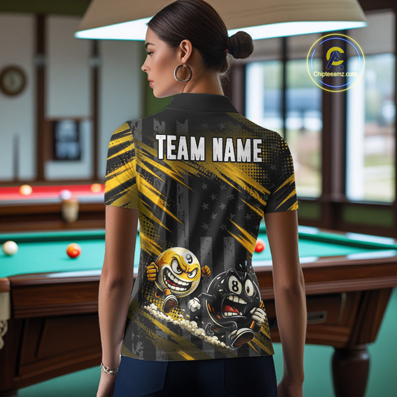 Female model wearing Yellow Neon billiard polo, bright cue sports apparel, personalized league fashion