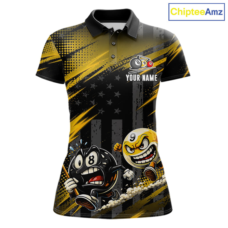 Yellow Neon Funny 8 Ball & 9 Ball Women's Billiard Polo Shirt, Personalized US Flag Pool Team Jersey, Bright Tournament Apparel