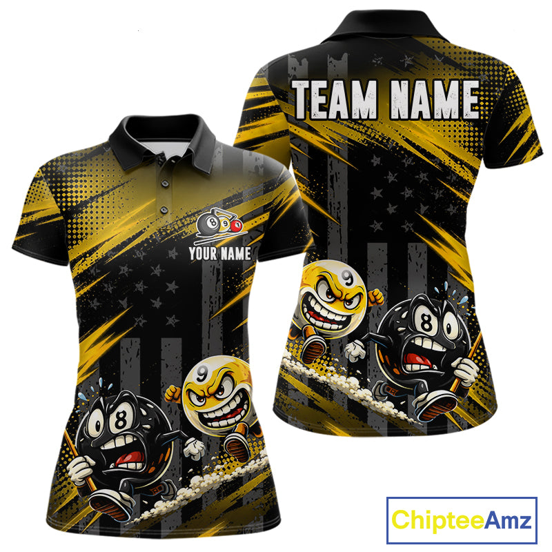 Yellow Neon Funny 8 Ball & 9 Ball Women's Billiard Polo Shirt, Personalized US Flag Pool Team Jersey, Bright Tournament Apparel