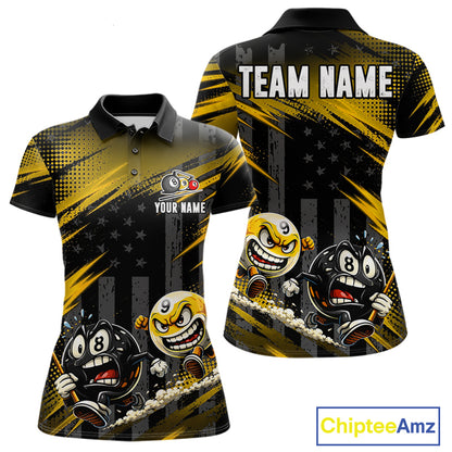 Yellow Neon Funny 8 Ball & 9 Ball Women's Billiard Polo Shirt, Personalized US Flag Pool Team Jersey, Bright Tournament Apparel