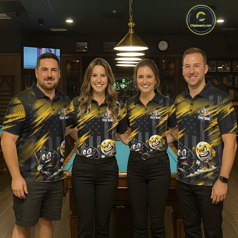 Pool team wearing matching Neon 8 Ball & 9 Ball jerseys, custom team name uniforms, league champions, patriotic sportswear, bowling & pickleball crossover
