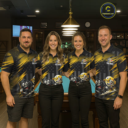 Pool team wearing matching Neon 8 Ball & 9 Ball jerseys, custom team name uniforms, league champions, patriotic sportswear, bowling & pickleball crossover