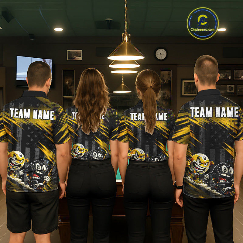 Pool team wearing matching Neon 8 Ball & 9 Ball jerseys, custom team name uniforms, league champions, patriotic sportswear, bowling & pickleball crossover