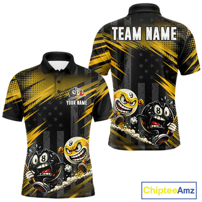 Yellow Neon Funny 8 Ball & 9 Ball Men's Billiard Polo Shirt, Custom Pool League Jersey