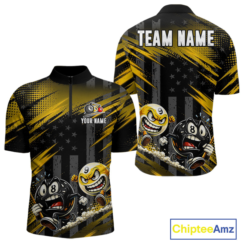 Yellow Neon Men's Quarter-Zip Pool Shirt, Personalized League Billiard Jersey