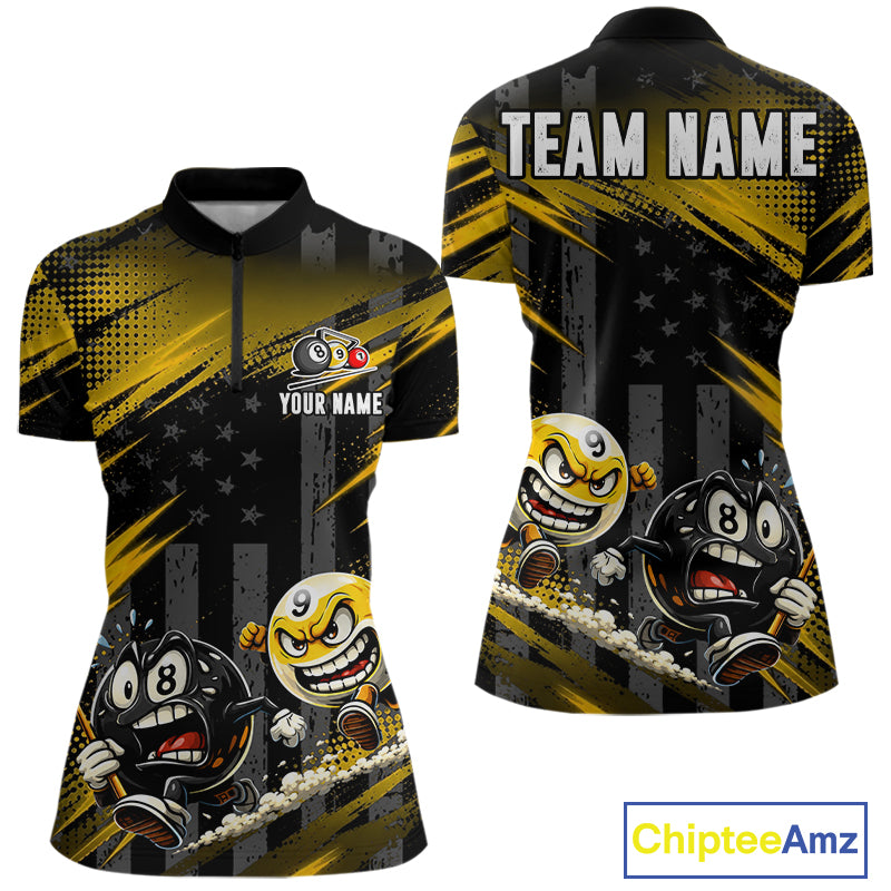 Yellow Neon Women's Quarter-Zip Billiard Shirt, Personalized 8 Ball 9 Ball Tournament Jersey, Performance Sportswear
