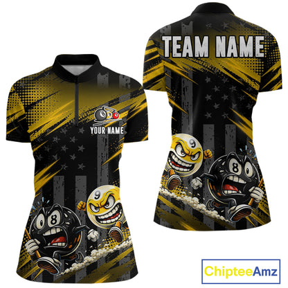 Yellow Neon Women's Quarter-Zip Billiard Shirt, Personalized 8 Ball 9 Ball Tournament Jersey, Performance Sportswear