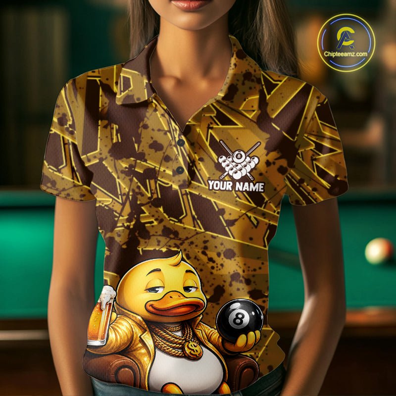 Female model wearing Brown Yellow Duck billiard polo, novelty animal sportswear, personalized cue sports apparel