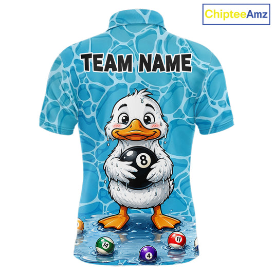 Funny Blue Wet Duck Men's Billiard Polo Shirt, Personalized Pool League Jersey