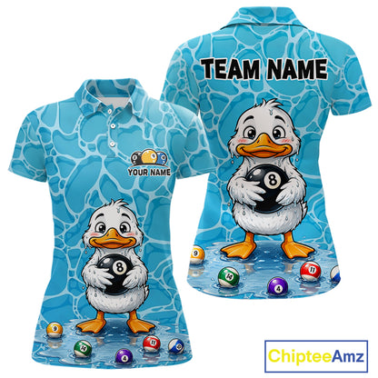Funny Blue Wet Duck Women's Billiard Polo Shirt, Personalized 8 Ball Pool Team Jersey, Cartoon Water Duck Cue Sports Apparel