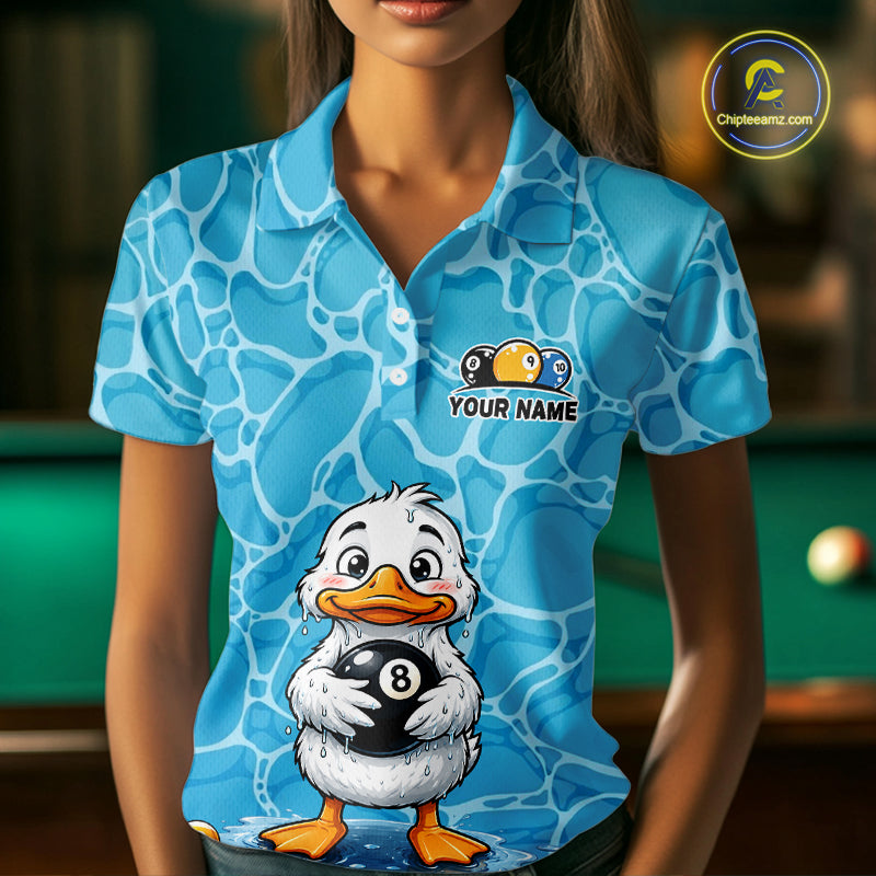 Female model wearing Blue Wet Duck billiard polo, personalized funny pool apparel, colorful tournament style