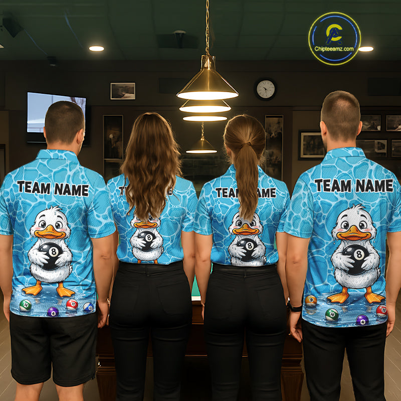 Pool team wearing matching Blue Wet Duck billiard jerseys, personalized league uniforms, outdoor fun, waterfowl lovers, bowling, darts & pickleball crossover