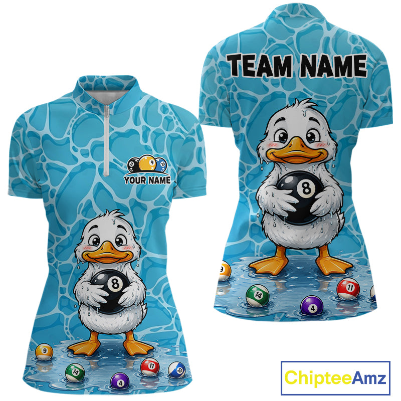 Blue Wet Duck Women's Quarter-Zip Pool Shirt, Personalized Tournament Billiard Jersey