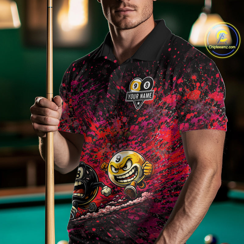 Male model wearing Pink Red Splatter pool polo, colorful tournament jersey, athletic billiards lifestyle
