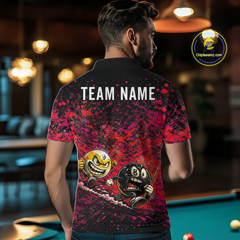 Male model wearing Pink Red Splatter pool polo, colorful tournament jersey, athletic billiards lifestyle