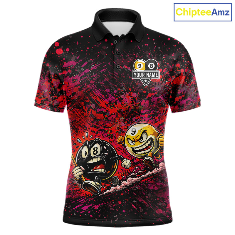 Pink Red Splatter 8 Ball & 9 Ball Men's Billiard Polo Shirt, Personalized League Jersey