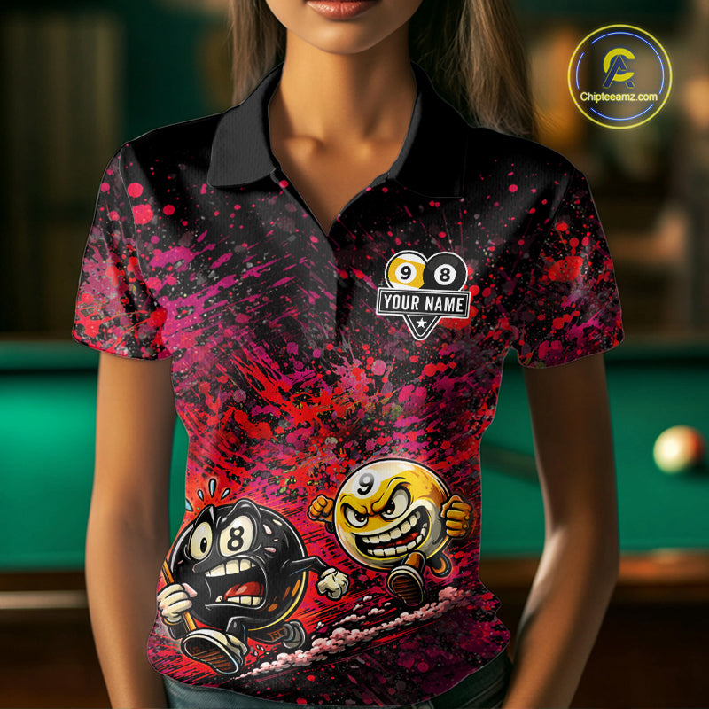 Female model wearing Pink Red Splatter billiard polo, artistic cue sports fashion, personalized league apparel