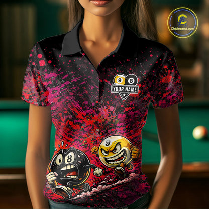 Female model wearing Pink Red Splatter billiard polo, artistic cue sports fashion, personalized league apparel