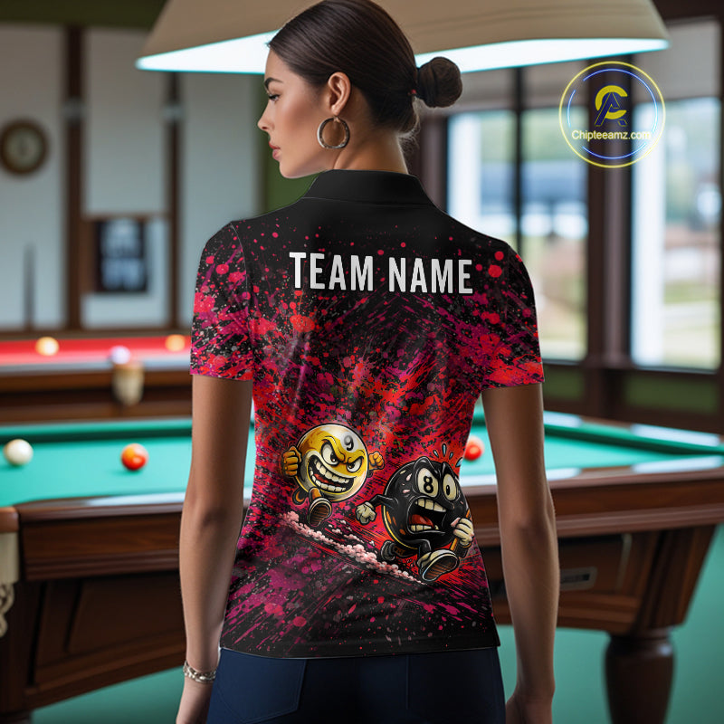 Female model wearing Pink Red Splatter billiard polo, artistic cue sports fashion, personalized league apparel