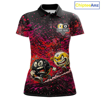 Pink Red Splatter 8 Ball & 9 Ball Women's Billiard Polo Shirt, Personalized Pool Team Jersey, Artistic Cue Sports Apparel