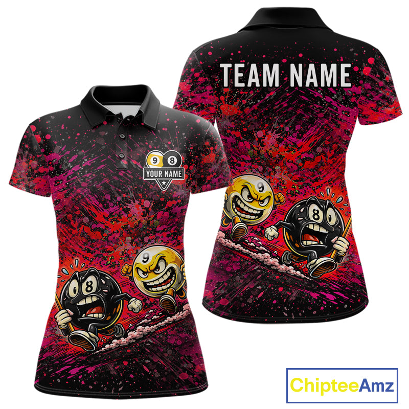 Pink Red Splatter 8 Ball & 9 Ball Women's Billiard Polo Shirt, Personalized Pool Team Jersey, Artistic Cue Sports Apparel