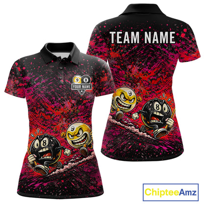 Pink Red Splatter 8 Ball & 9 Ball Women's Billiard Polo Shirt, Personalized Pool Team Jersey, Artistic Cue Sports Apparel