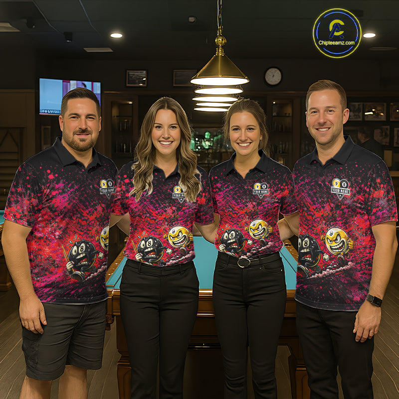 Pool team wearing matching Pink Red Splatter billiard jerseys, personalized team uniforms, paint splash art, bowling, gaming, golf & darts crossover