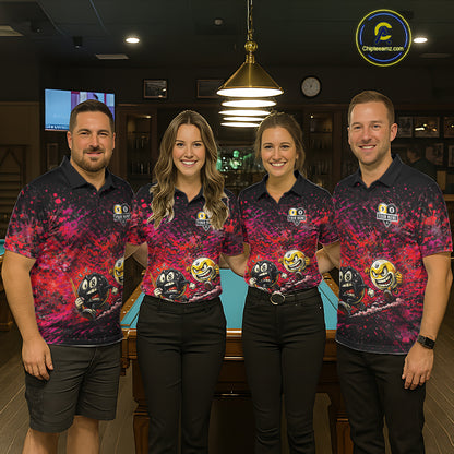 Pool team wearing matching Pink Red Splatter billiard jerseys, personalized team uniforms, paint splash art, bowling, gaming, golf & darts crossover