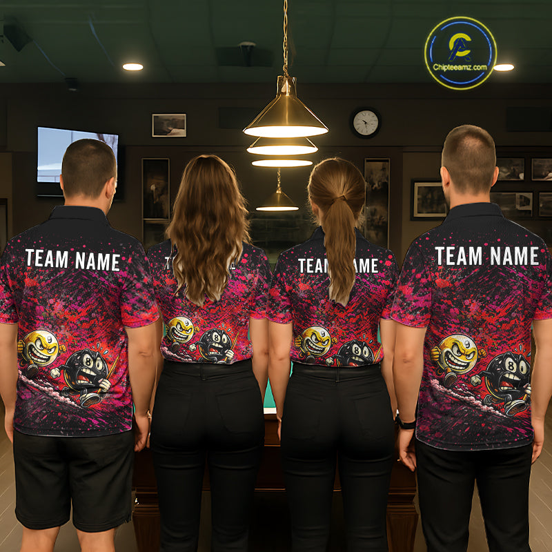 Pool team wearing matching Pink Red Splatter billiard jerseys, personalized team uniforms, paint splash art, bowling, gaming, golf & darts crossover