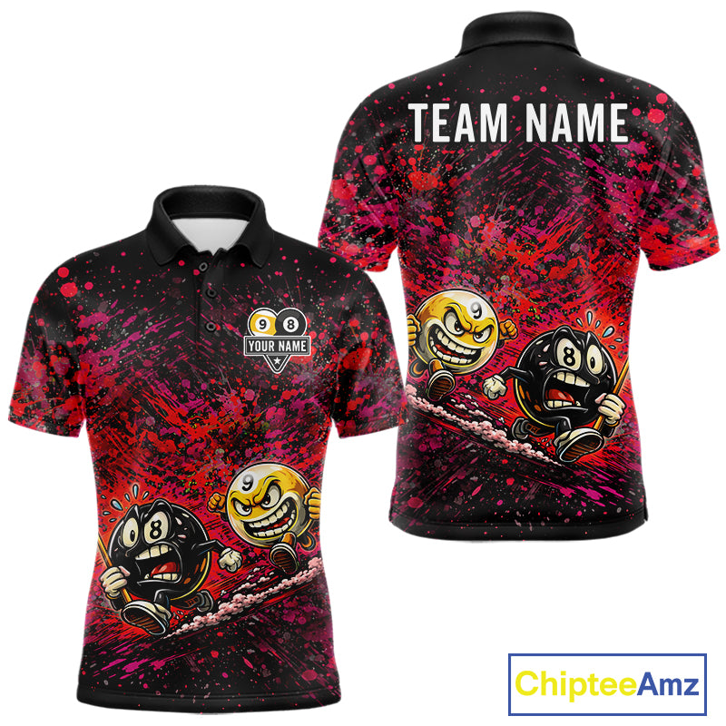 Pink Red Splatter 8 Ball & 9 Ball Men's Billiard Polo Shirt, Personalized League Jersey
