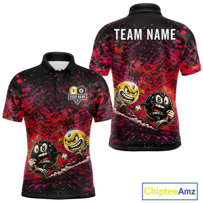 Pink Red Splatter 8 Ball & 9 Ball Men's Billiard Polo Shirt, Personalized League Jersey