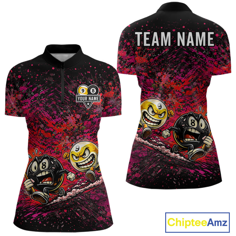 Pink Red Splatter Women's Quarter-Zip Pool Shirt, Personalized Billiard Tournament Jersey