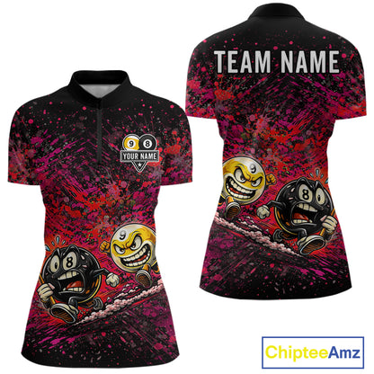 Pink Red Splatter Women's Quarter-Zip Pool Shirt, Personalized Billiard Tournament Jersey