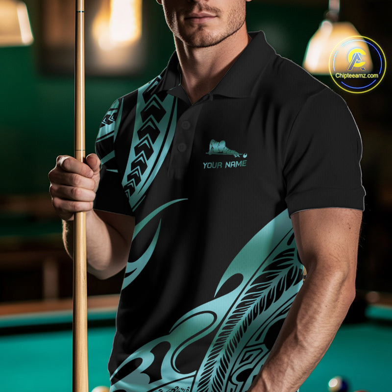 Personalized Black & Teal Tribal Pattern 8 Ball Pool Billiard Shirts For Men Billiard Attire Gifts NYN4335
