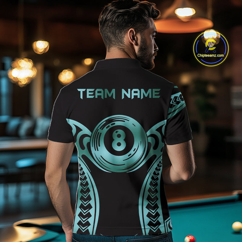 Personalized Black & Teal Tribal Pattern 8 Ball Pool Billiard Shirts For Men Billiard Attire Gifts NYN4335