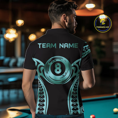 Personalized Black & Teal Tribal Pattern 8 Ball Pool Billiard Shirts For Men Billiard Attire Gifts NYN4335