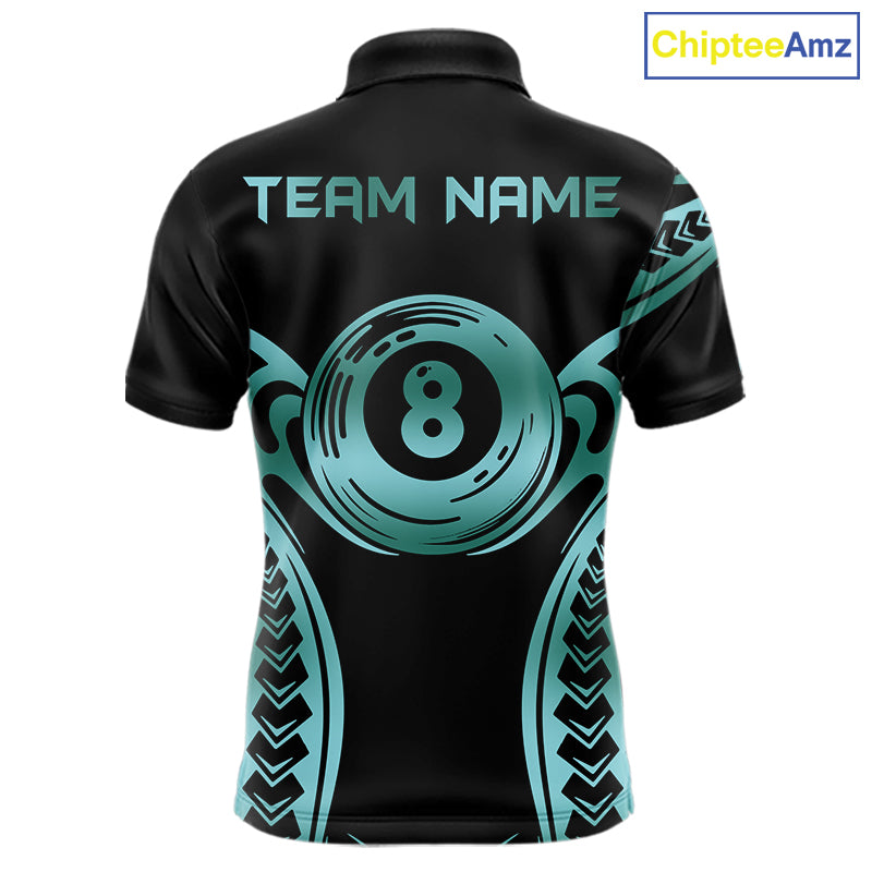 Personalized Black & Teal Tribal Pattern 8 Ball Pool Billiard Shirts For Men Billiard Attire Gifts NYN4335