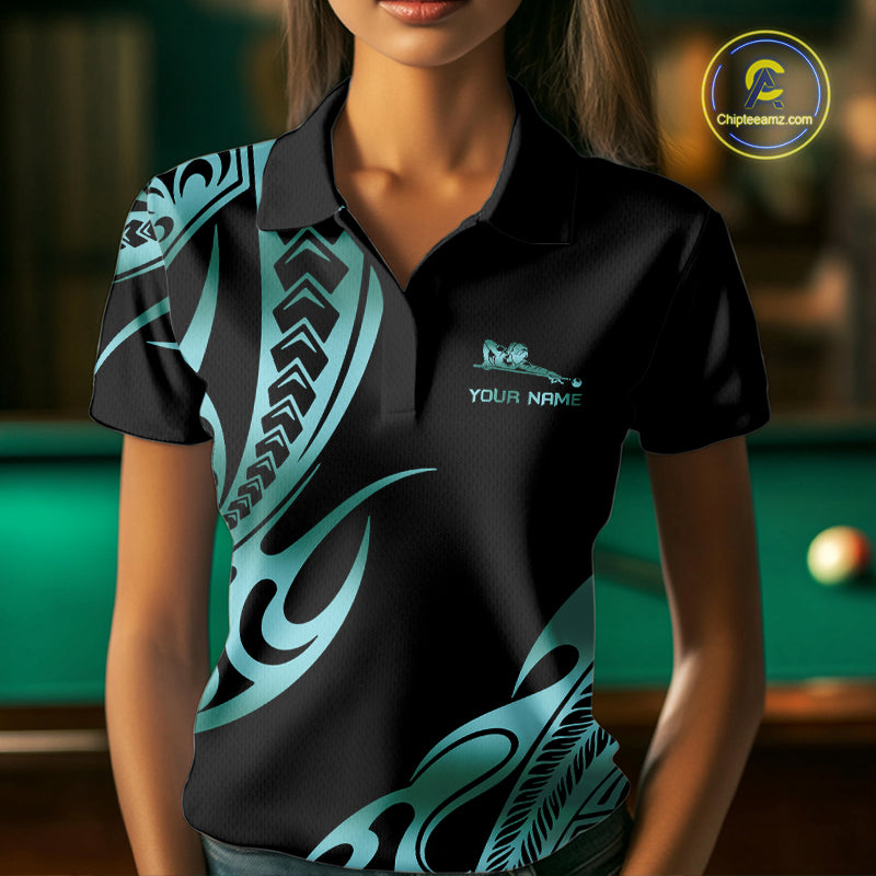 Personalized Black & Teal Tribal Pattern 8 Ball Pool Billiard Shirts For Women Billiard Attire Gifts NYN4335