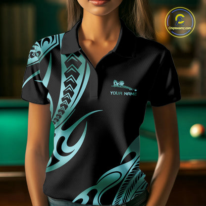 Personalized Black & Teal Tribal Pattern 8 Ball Pool Billiard Shirts For Women Billiard Attire Gifts NYN4335