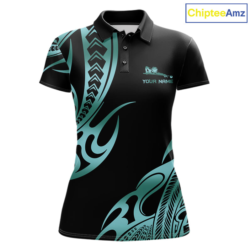 Personalized Black & Teal Tribal Pattern 8 Ball Pool Billiard Shirts For Women Billiard Attire Gifts NYN4335