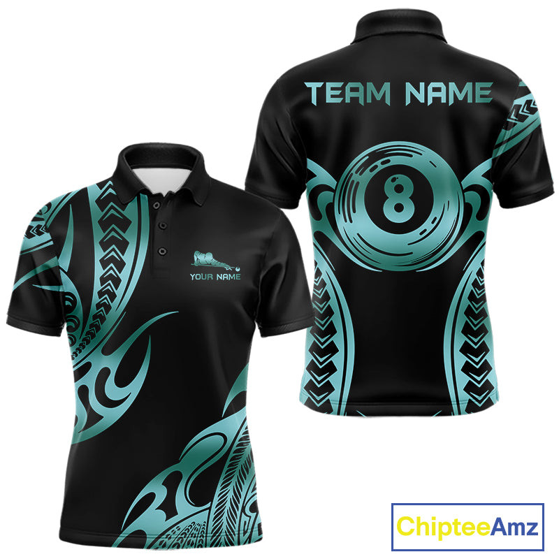 Personalized Black & Teal Tribal Pattern 8 Ball Pool Billiard Shirts For Men Billiard Attire Gifts NYN4335