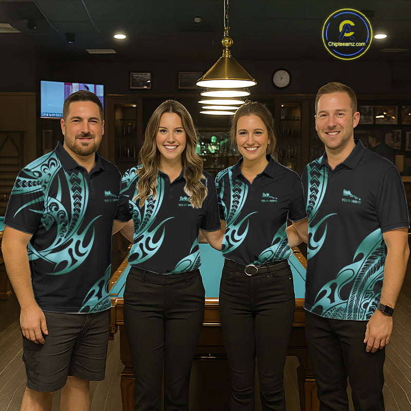 Personalized Black & Teal Tribal Pattern 8 Ball Pool Billiard Shirts For Men Billiard Attire Gifts NYN4335