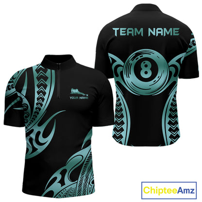 Personalized Black & Teal Tribal Pattern 8 Ball Pool Billiard Shirts For Men Billiard Attire Gifts NYN4335