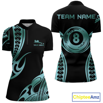 Personalized Black & Teal Tribal Pattern 8 Ball Pool Billiard Shirts For Women Billiard Attire Gifts NYN4335