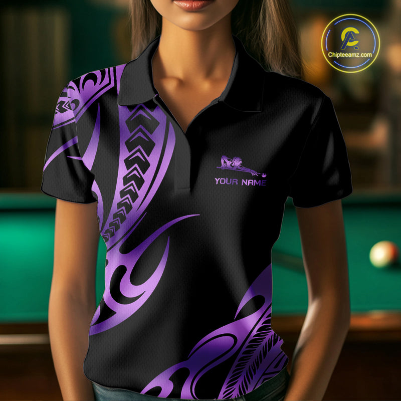 Personalized Black & Purple Tribal Pattern 8 Ball Pool Billiard Shirts For Women Billiard Attire Gifts NYN4336