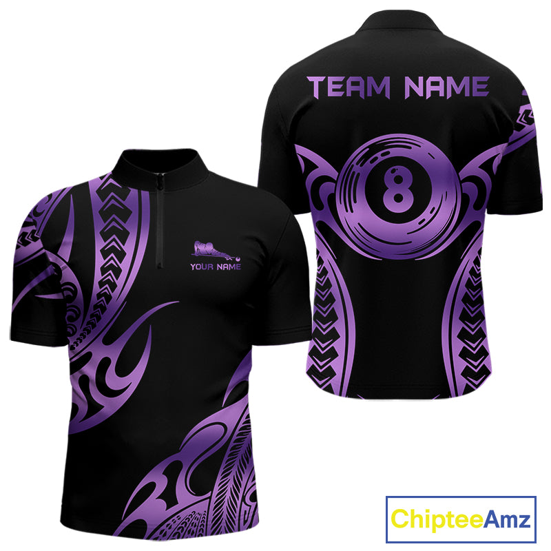 Personalized Black & Purple Tribal Pattern 8 Ball Pool Billiard Shirts For Men Billiard Attire Gifts NYN4336