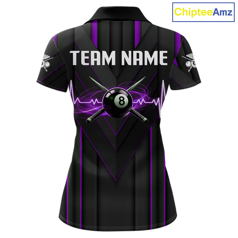 Women Beat Heart Pool Billiard Polo & 1/4-Zip Shirt Custom Light 8 Ball Billiard Team Apparel | Purple NYN4340