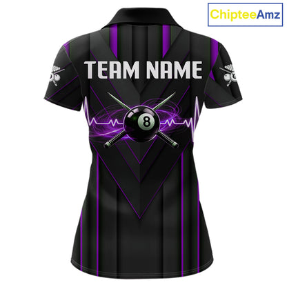 Women Beat Heart Pool Billiard Polo & 1/4-Zip Shirt Custom Light 8 Ball Billiard Team Apparel | Purple NYN4340