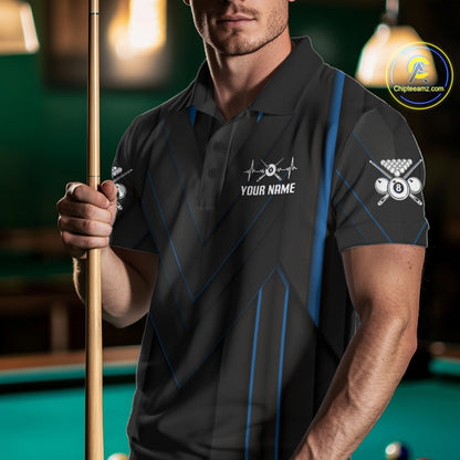 Mens Beat Heart Pool Billiard Polo & 1/4-Zip Shirt Custom Light 8 Ball Billiard Team Apparel | Blue NYN4339